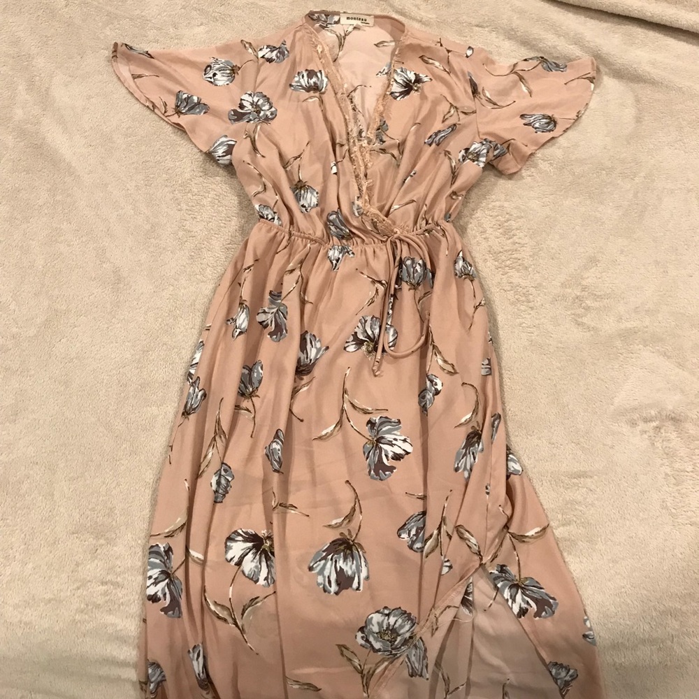 Nude floral dress with lace details and thigh slit
